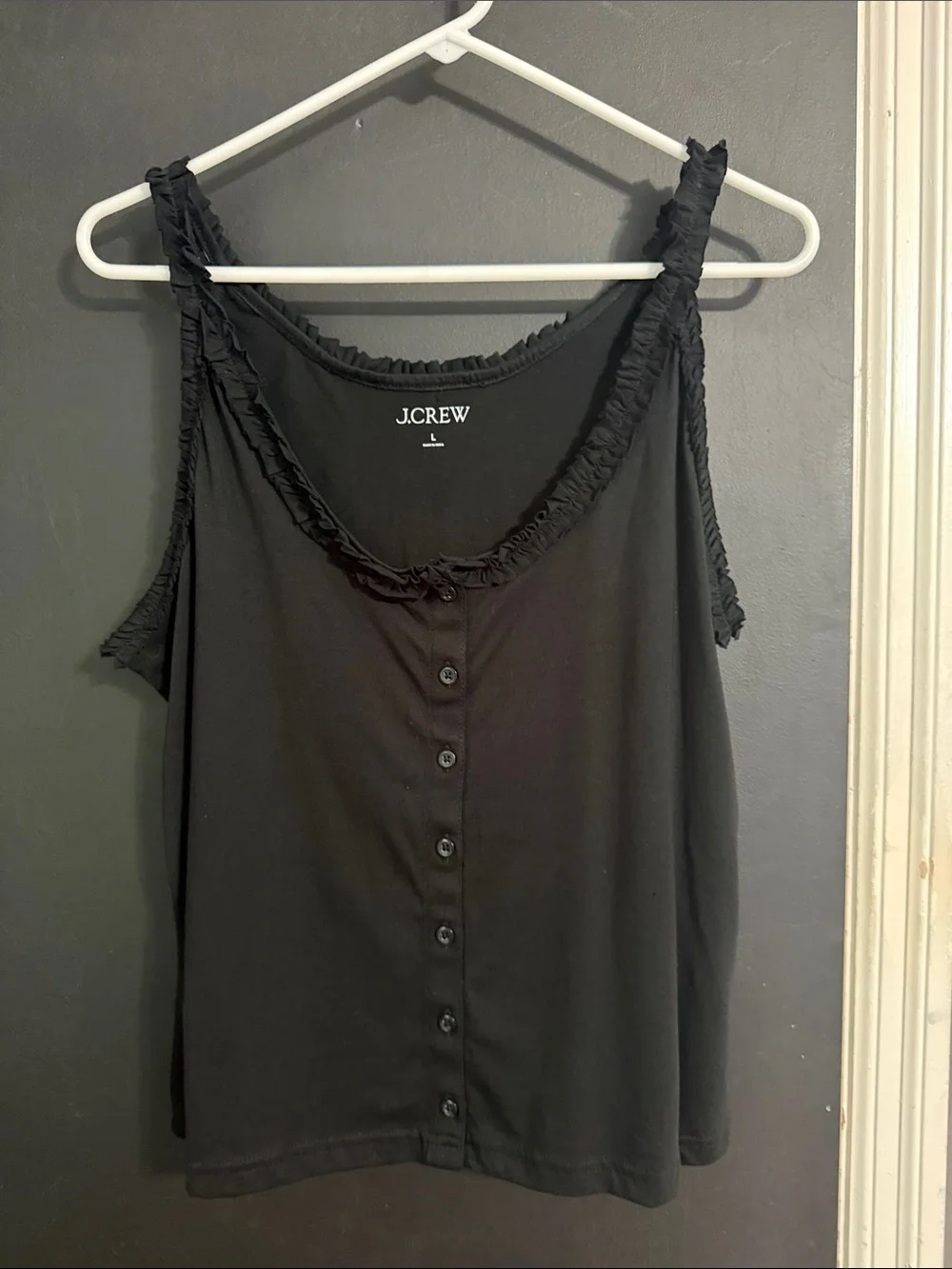 J. Crew Black Ruffle Trim Button Front Cotton Tank Size: L